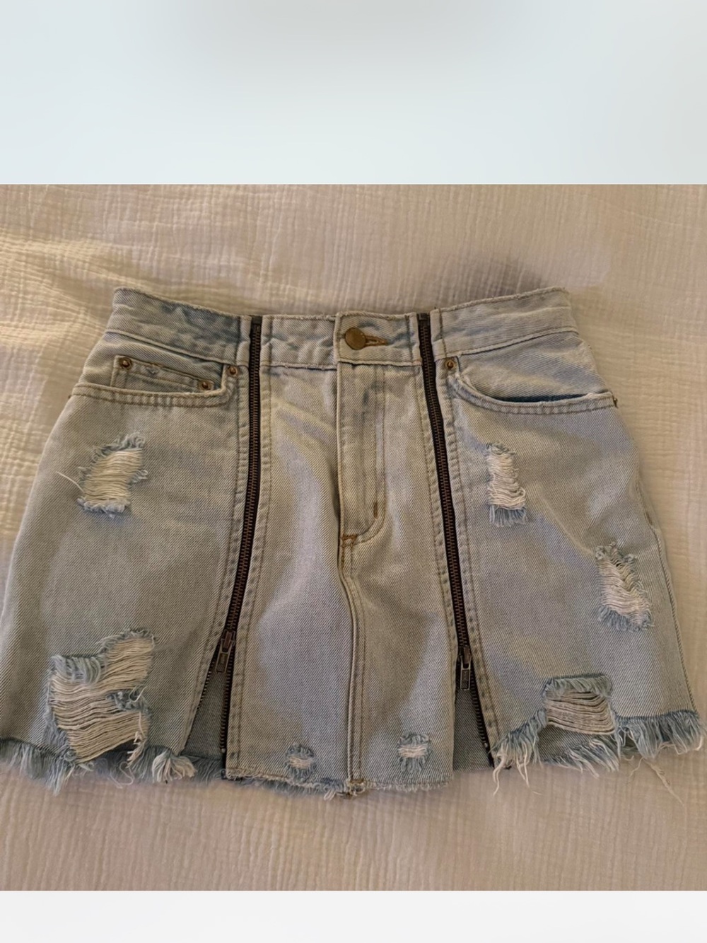 LF Distressed Light Blue Denim Mini Skirt with Front Zips